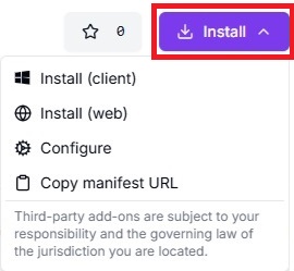 Przycisk Install na stronie dodatku TwojLimit