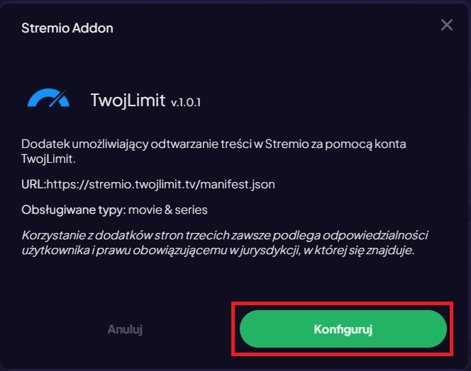 Okno dodatku TwojLimit w Stremio