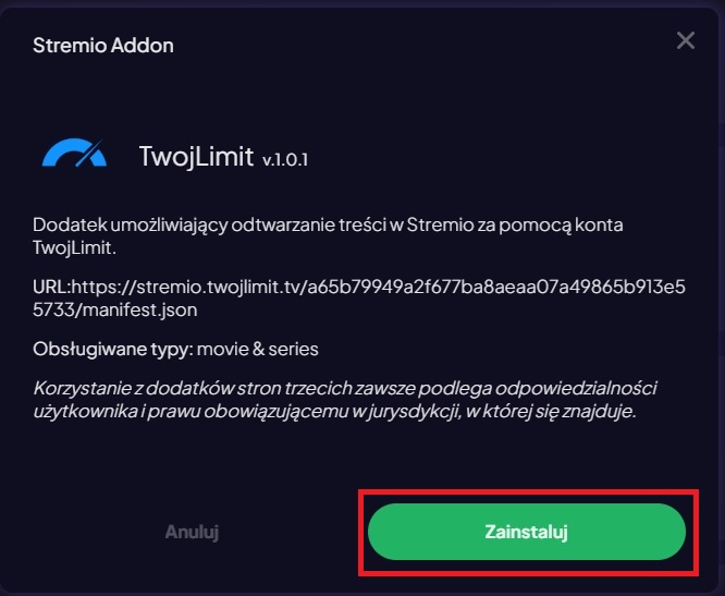 Poprawnie skonfigurowany dodatek TwojLimit w Stremio